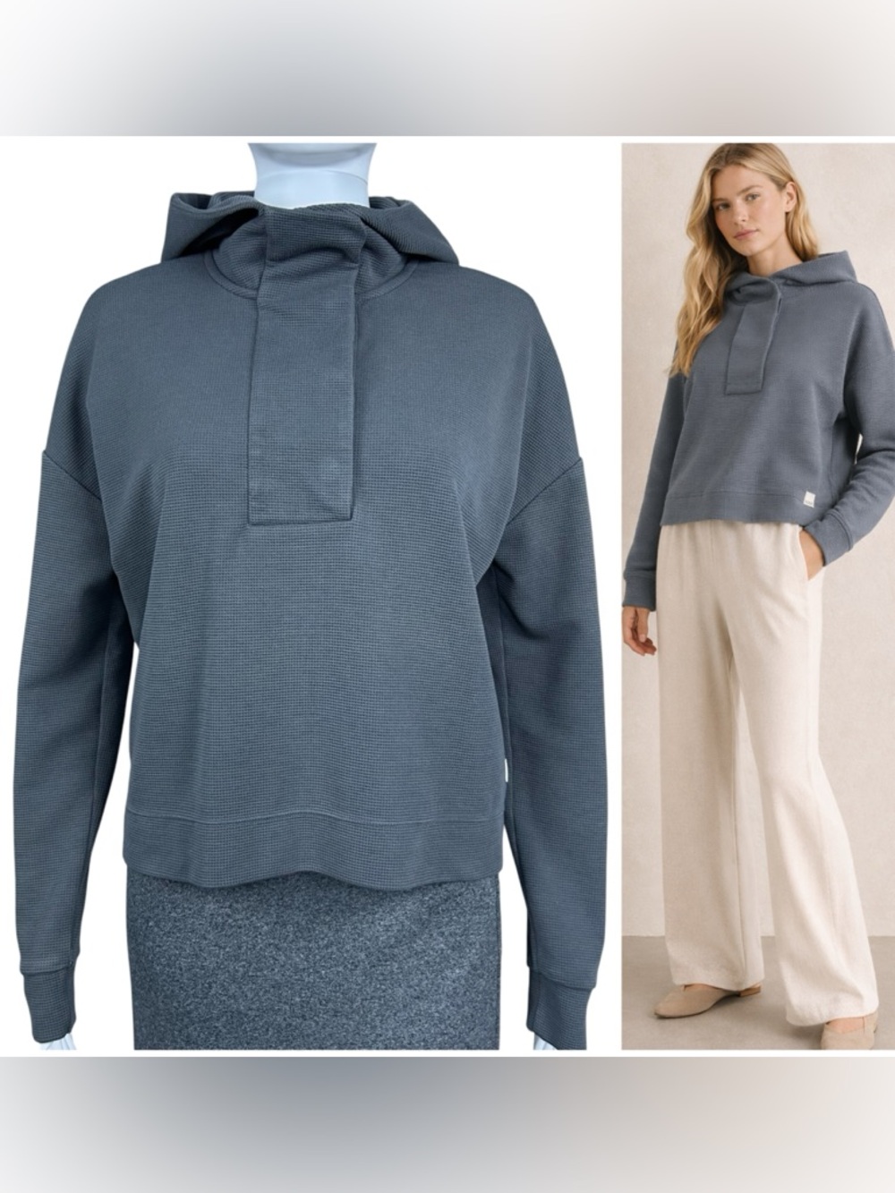 Vuori Bayview Thermal Hoodie Size XS Waffle Knit Snap Collar Charcoal Gray VW263